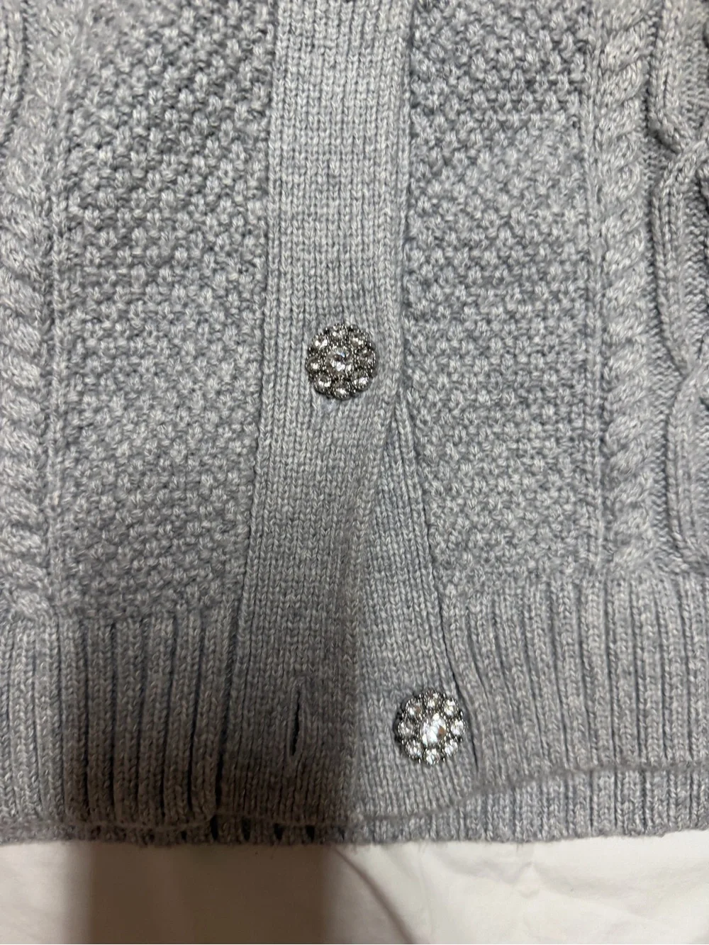 Talbots Light Gray Cable-Knit Ruffle Neck Cardigan - Picture 2 of 5